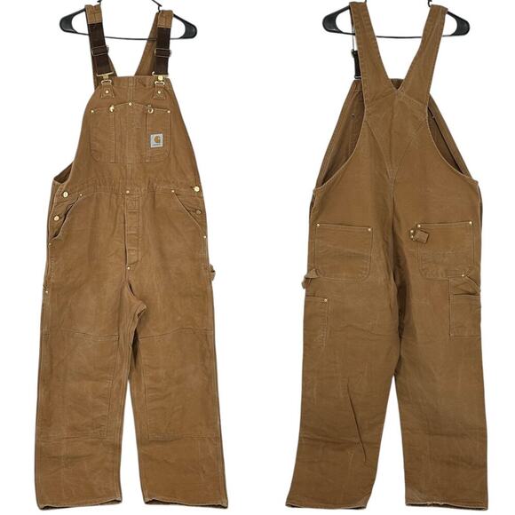 Carhartt Mens 42X32 Brown Double Knee Overalls Bib Workwear Carpenter USA *READ - Picture 1 of 16